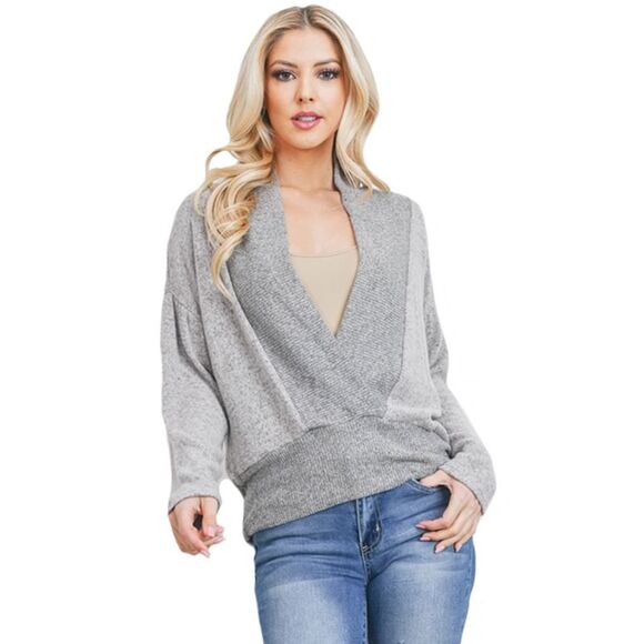 Womens Gray Long Sleeve Drop Shoulder V-Neck Sweater - Picture 3 of 3